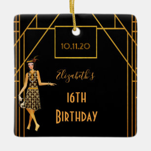 Sweet 16 zwart goud 1920 art deco keramisch ornament