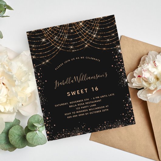 Sweet 16 zwart goud glitter uitnodiging