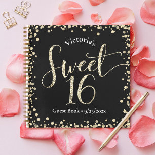 Sweet 16 Zwart Goud Glitter Verjaardag Gastenboek Notitieboek