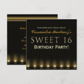 SWEET 16 Zwart Goud Hollywood Feest Uitnodiging (Voorkant / Achterkant)