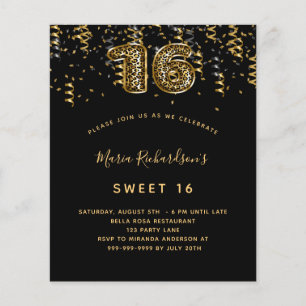 Sweet 16 zwart goud luipaard confetti uitnodiging