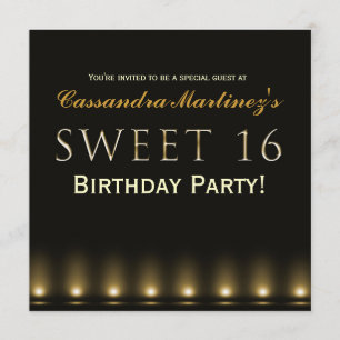 SWEET 16 Zwart Gouden Hollywood Feest Uitnodiging