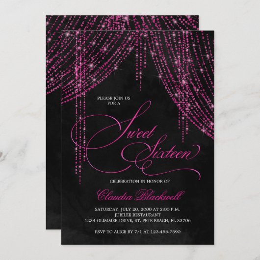 Sweet 16 Zwart Heet Roze Glitter Verjaardag Kaart (Voorkant / Achterkant)