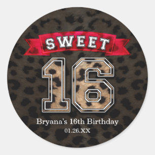 Sweet 16 zwart & rood luipaardprint sportfeest ronde sticker