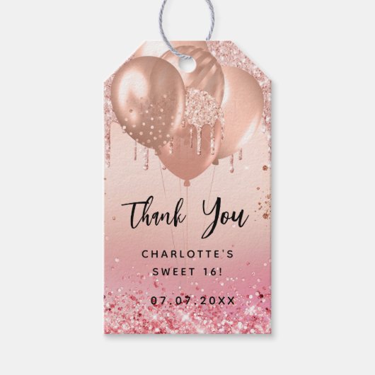 Sweet 16 zwart roos gouden ballonnen dank u cadeaulabel (Voorkant)