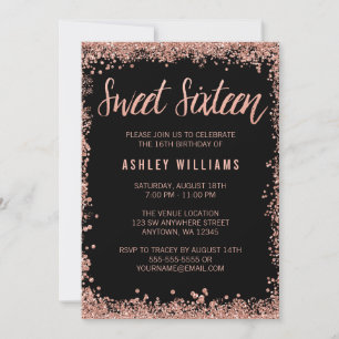 Sweet 16 Zwart Roos Gouden Faux Glitter Verjaardag Kaart