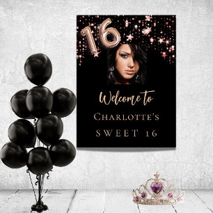Sweet 16 zwart roos gouden sterren foto welkom poster