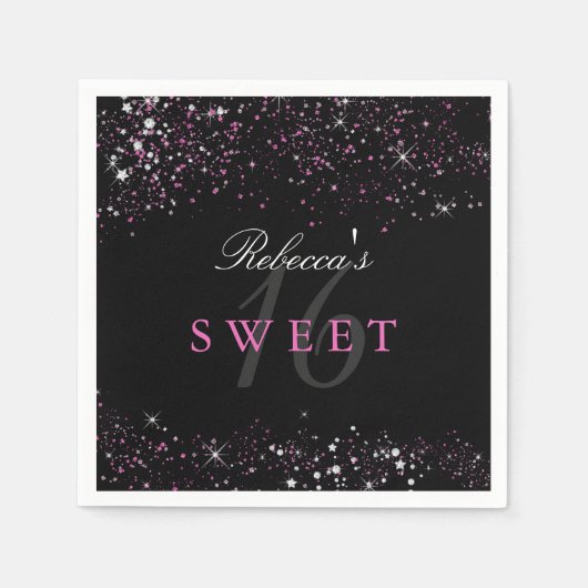 Sweet 16 Zwart Roze Sparkle Glitter Servetten (Voorkant)