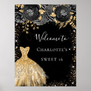 Sweet 16 zwarte goudjurk, welkom poster