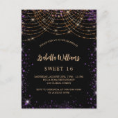 Sweet 16 zwarte paarse goudglitter glamoureus uitnodiging briefkaart (Voorkant)