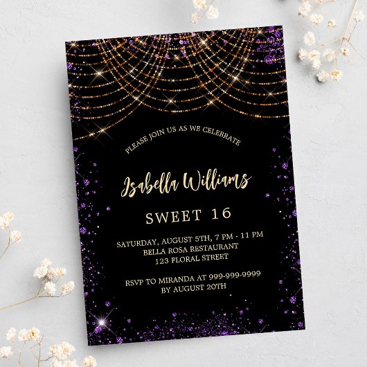 Sweet 16 zwarte paarse goudglitter glamoureus uitnodiging briefkaart