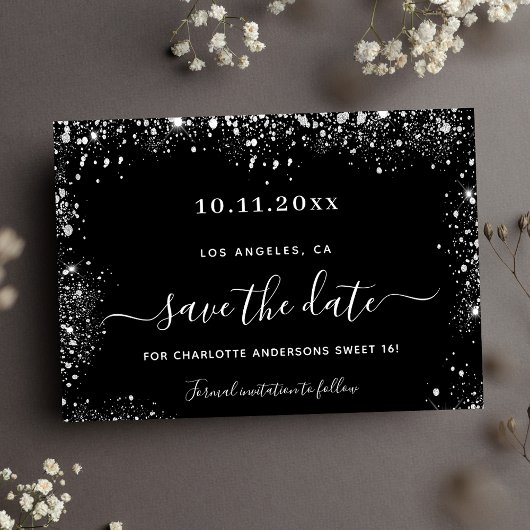 Sweet 16 zwarte zilverglitter, behalve de datum save the date