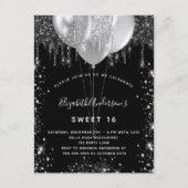 Sweet 16 zwarte zilverglitterballonnen uitnodiging briefkaart (Voorkant)