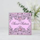 Sweet 16Royal Elegance Black Pink Invitation Kaart (Staand voorkant)