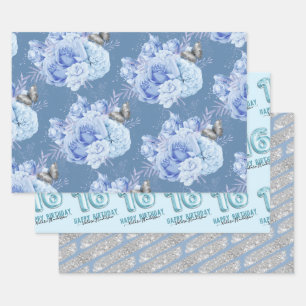 Sweet 16th Birthday Blue Flower Inpakpapier Vel