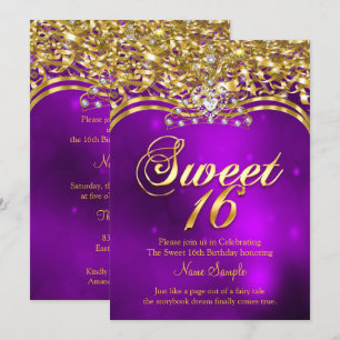 Sweet 16th Birthday Party Paars Glitter Gold Kaart