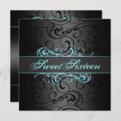 Sweet 16th Blue & Black Swirl Invitation Anniversa (Devant / Derrière)