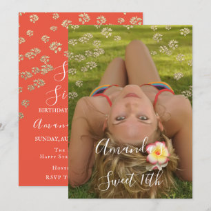 Sweet 16th Flower Coral Gold Photo Confetti Spark Kaart