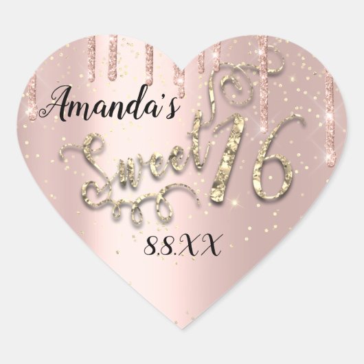 Sweet 16th Heart Glitter Confetti Roos Drips Hart Sticker (Voorkant)