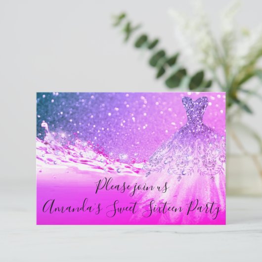 Sweet 16th Party Pink Fuchsia Glitter Ocean Dress Kaart (Staand voorkant)
