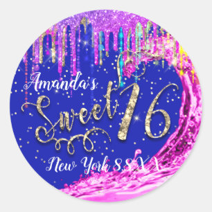 Sweet 16th Party roze Waves Confetti Royal Blue Ronde Sticker