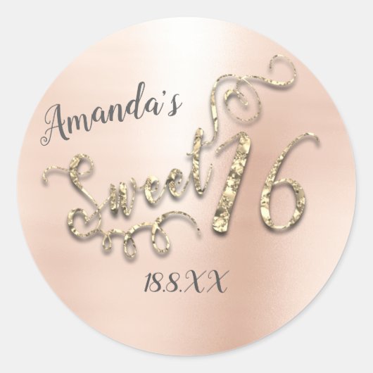 Sweet 16th Script Metallic Round Roos Gold Girly Ronde Sticker (Voorkant)