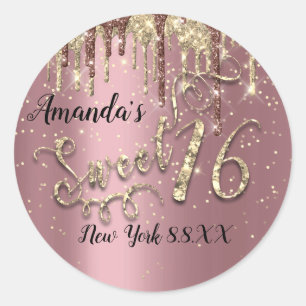 Sweet 16th Trendy Glitter Gold Confetti Roos Drips Ronde Sticker