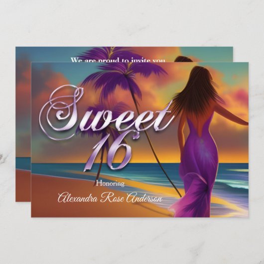 Sweet 61 16e Paarse meisje Beach Ocean gold Kaart (Voorkant / Achterkant)
