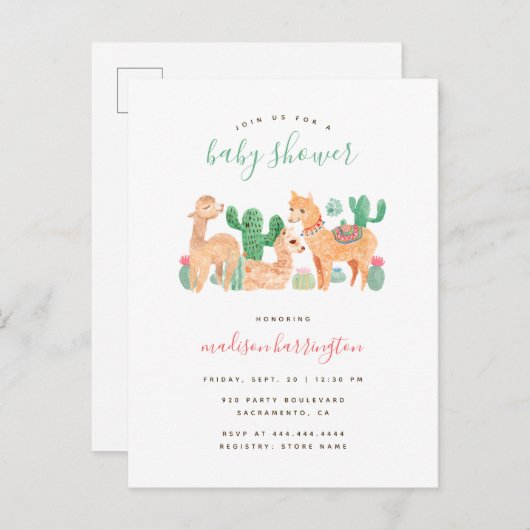 Sweet Alpaca Llama Cactus Boho Baby shower Uitnodiging Briefkaart (Voorkant / Achterkant)