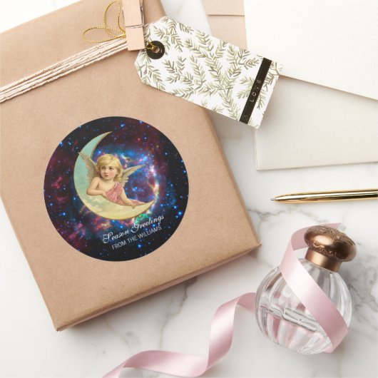  Sweet Angel op de Maan Kerstmis Ronde Sticker (Geschenken)