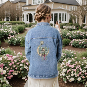 Sweet Angel zittend op de maan met Uil Vriend Denim Jacket