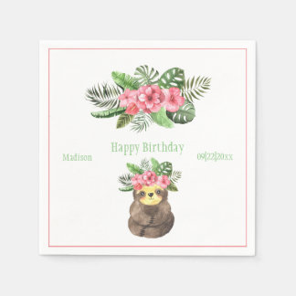Sweet Animal Sloth Floral Pink Name Girly Birthday Servet