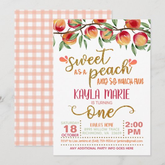 Sweet as a Peach 1st Birthday Invitation - W GG (Devant / Derrière)