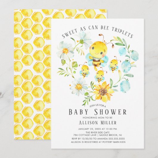 Sweet As Can Bee Triplets Baby shower Invitation (Devant / Derrière)