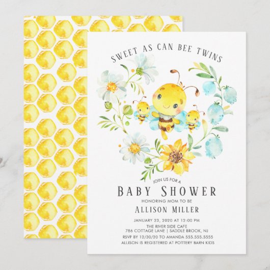 Sweet As Can Bee Twins Baby shower Invitation (Devant / Derrière)