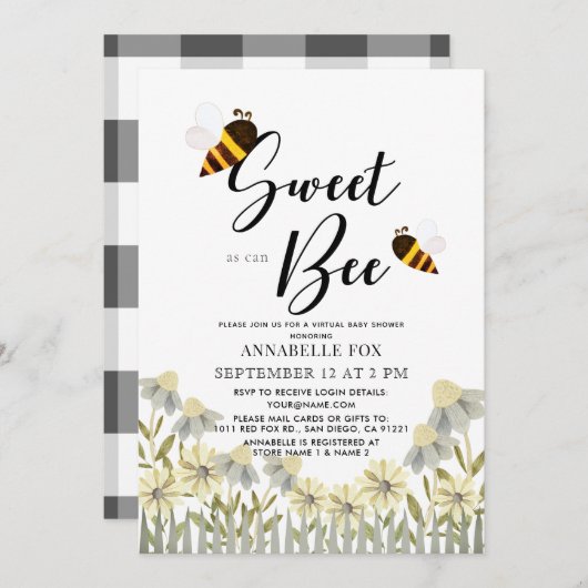 Sweet as can Bee Virtual Baby shower Invitation (Devant / Derrière)