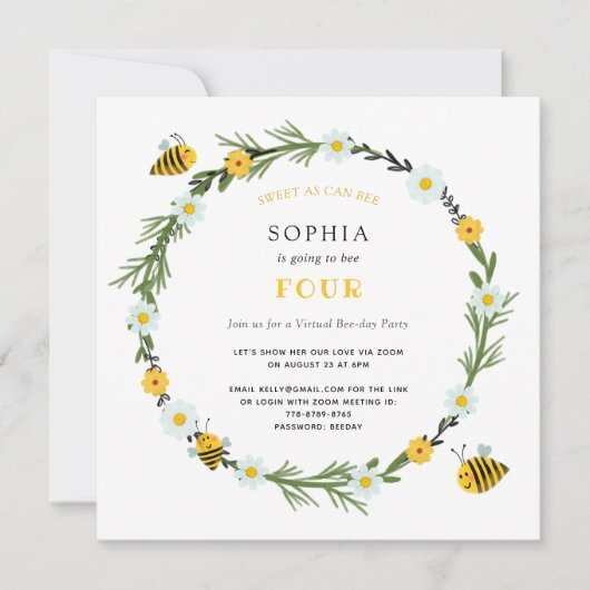 Sweet As Can Bee Virtual Birthday Invitation (Devant)