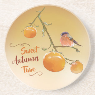 Sweet Autumn Oranje Persimmon Fruits & Bird Zandsteen Onderzetter