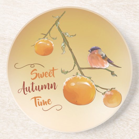 Sweet Autumn Oranje Persimmon Fruits & Bird Zandsteen Onderzetter (Voorkant)
