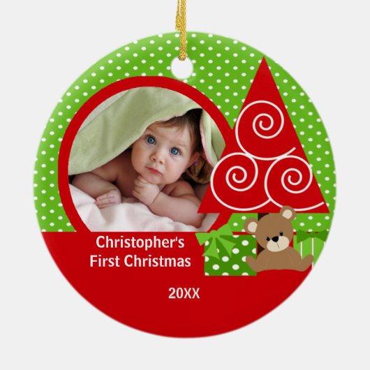 Sweet Baby Beer Boy Foto Eerste Kerstmis Keramisch Ornament (Achterkant)