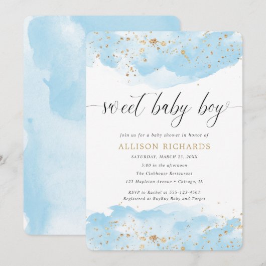 Sweet baby boy waterverf blauw gouden douche kaart (Voorkant / Achterkant)
