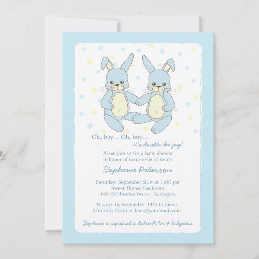 Sweet Baby Bunny Twin Boys Baby shower Invitation (Devant)