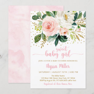 Sweet Baby Girl Boho Floral Pink Gold Baby shower Kaart