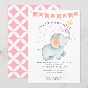 Sweet Baby Girl Elephant Baby shower Kaart