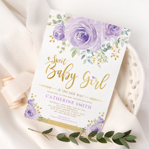 Sweet Baby Girl Paars Gold Floral Greenery Shower Kaart