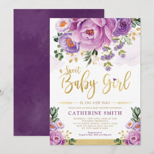 Sweet Baby Girl Paars Gold Peonies Baby shower Kaart