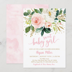 Sweet Baby Girl Pink Floral Baby shower Kaart