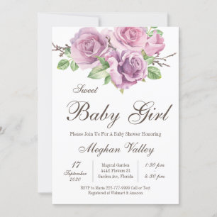 Sweet Baby Girl Shower Invitations, Purple Flowers Kaart