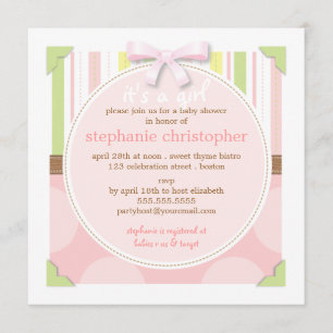 Sweet Baby Girl Stripes & Polka Dot Baby shower Kaart