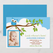 Sweet Baby Owl Boy Photo Faire-part de naissance (Devant / Derrière)